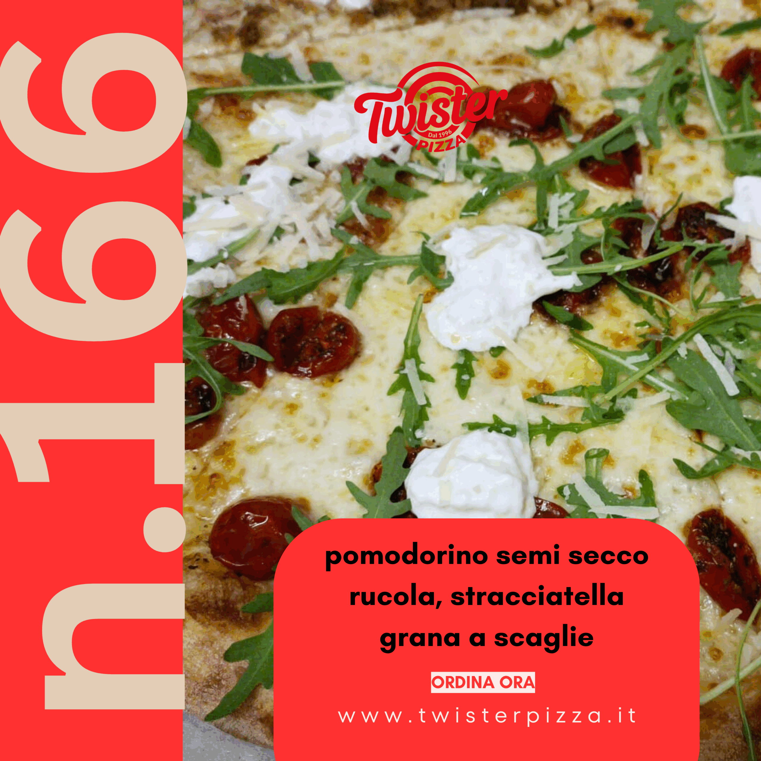 pizza con Pomodorini semi-secchi, stracciatella, rucola, grana a scaglie
